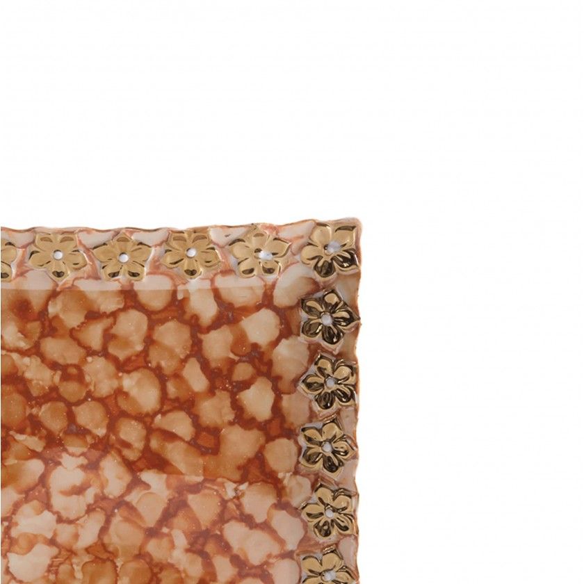 Prato Flores Douradas Quadrado Castanho 20X20CM