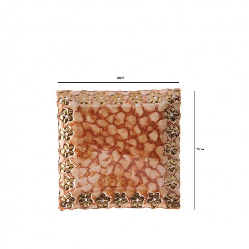 Prato Flores Douradas Quadrado Castanho 20X20CM