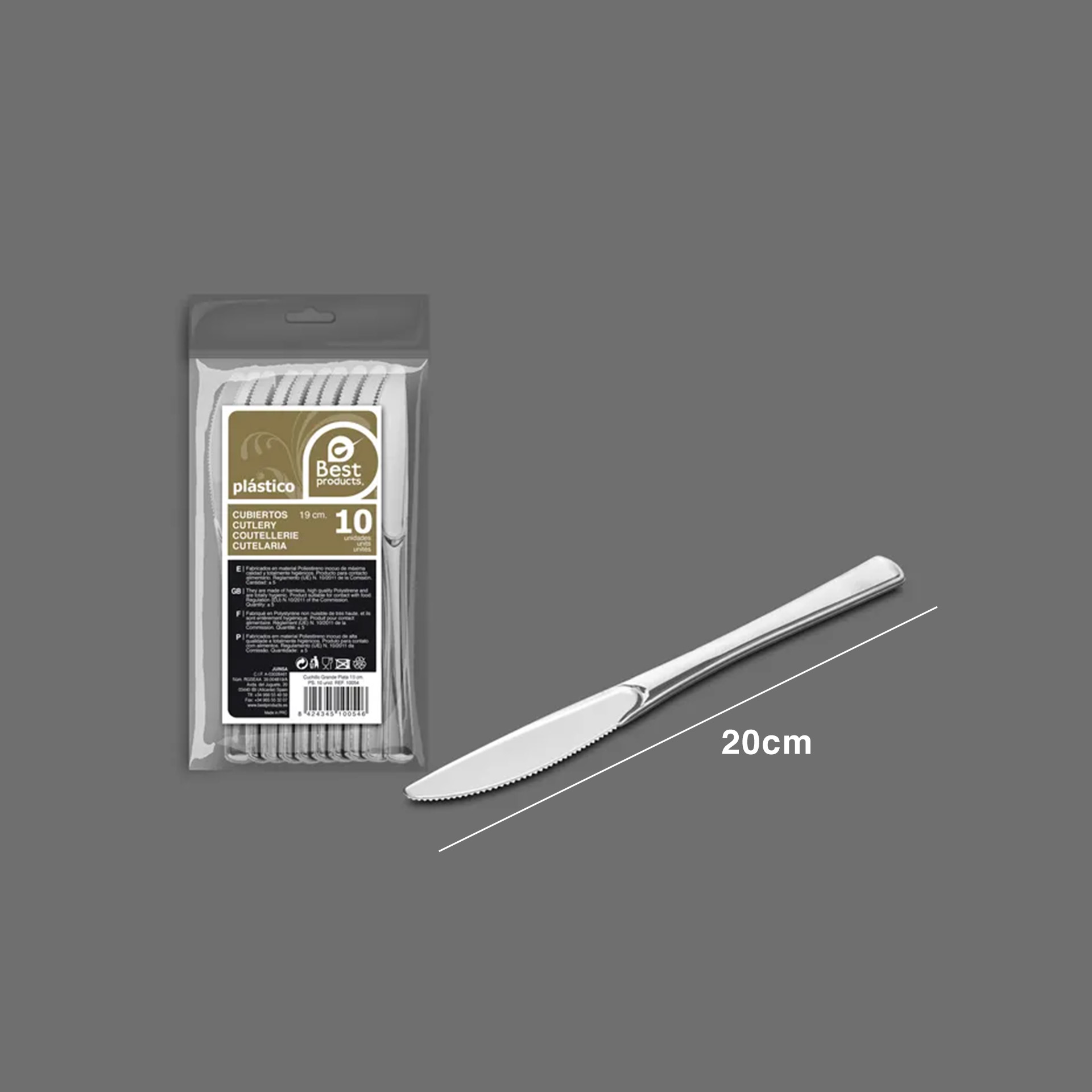 Faca Plástico Reutilizável Prateado 20cm Pack 10