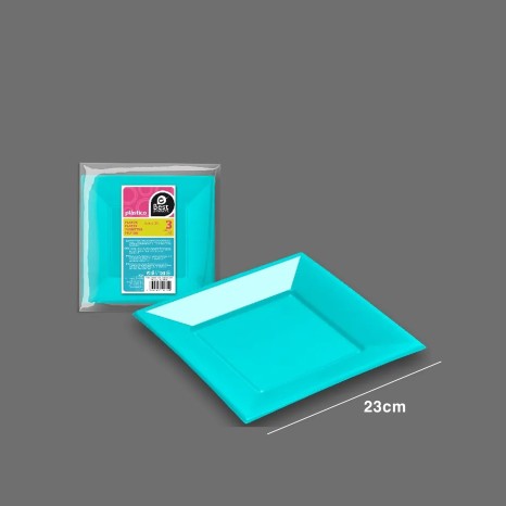 Prato Plástico Quadrado Turquesa 23CM Pack 3 - Image product
