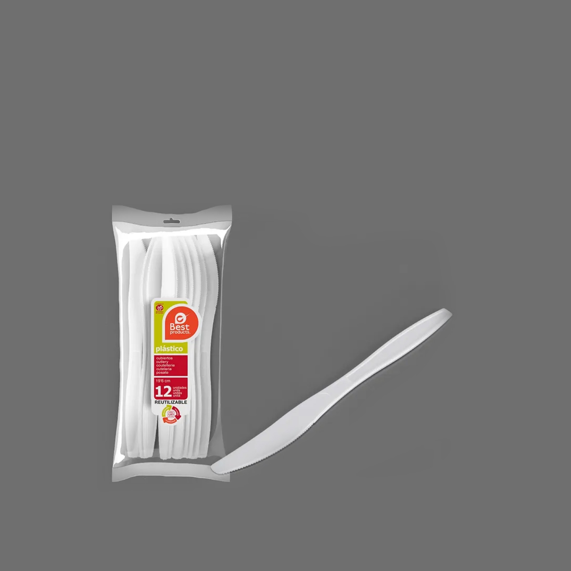 Faca Plástico Reutilizável Branco 19.6cm Pack 12