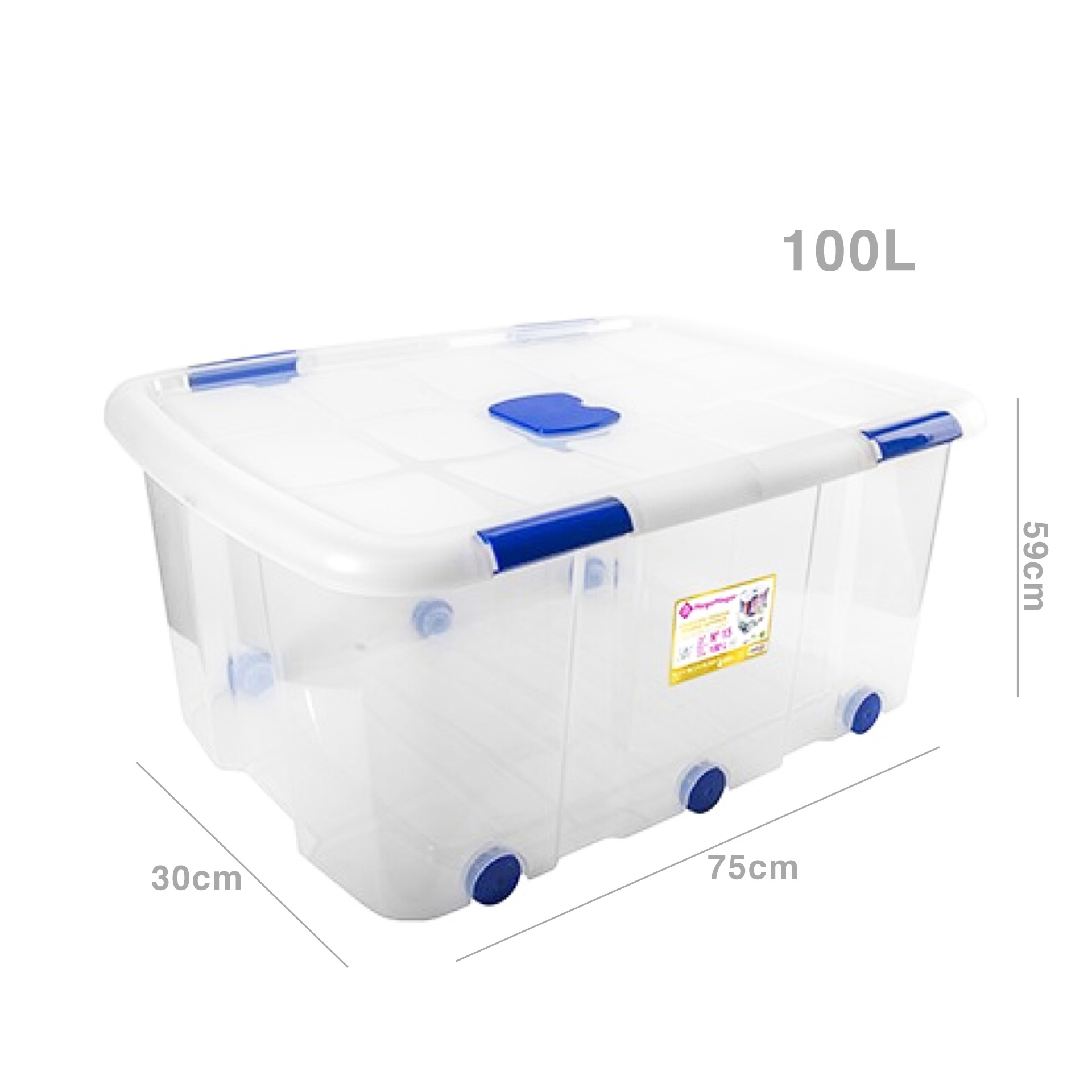 Caixa Arrumos com Fechos e Rodas Plástico Incolor 100l 75X30X59cm