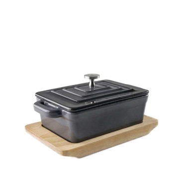 Ca�arola Ferro Fundido Grey com Base Madeira Retangular 300ml 13X9X4.5cm