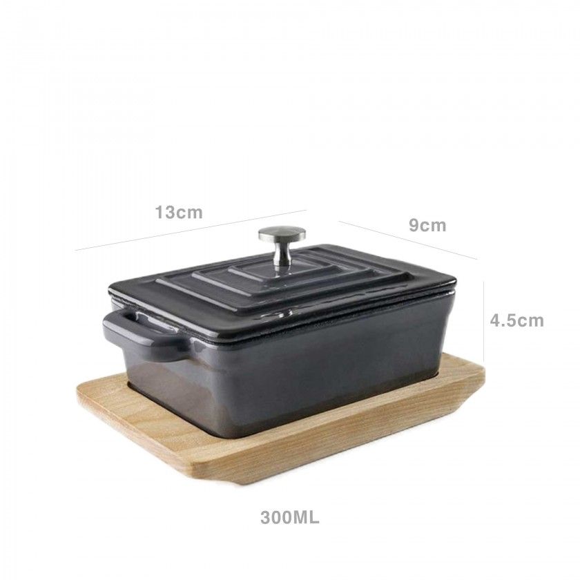 Caçarola Ferro Fundido Grey com Base Madeira Retangular 300ml 13X9X4.5cm Caçarola Ferro Fundido Grey com Base Madeira Retangular 300ml 13X9X4.5cm