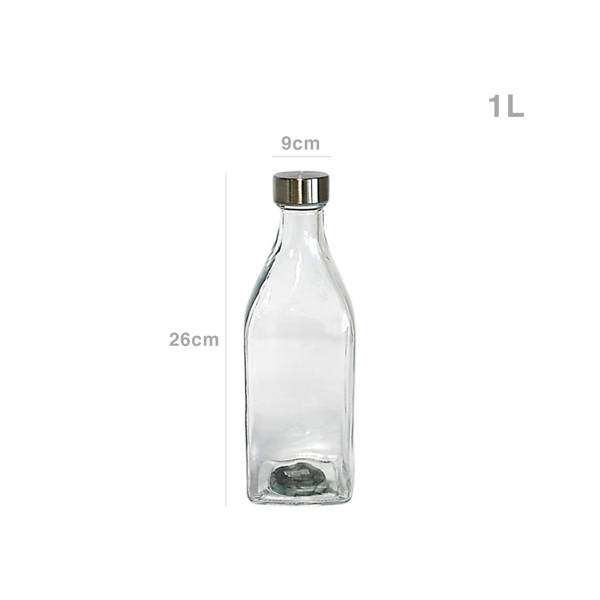 Garrafa Vidro Tampa Metal Quadrada 1000ml 9X26cm