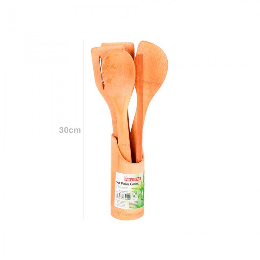 Conjunto 5 Colheres Cozinha Bambu com Suporte 30cm Conjunto 5 Colheres Cozinha Bambu com Suporte 30cm