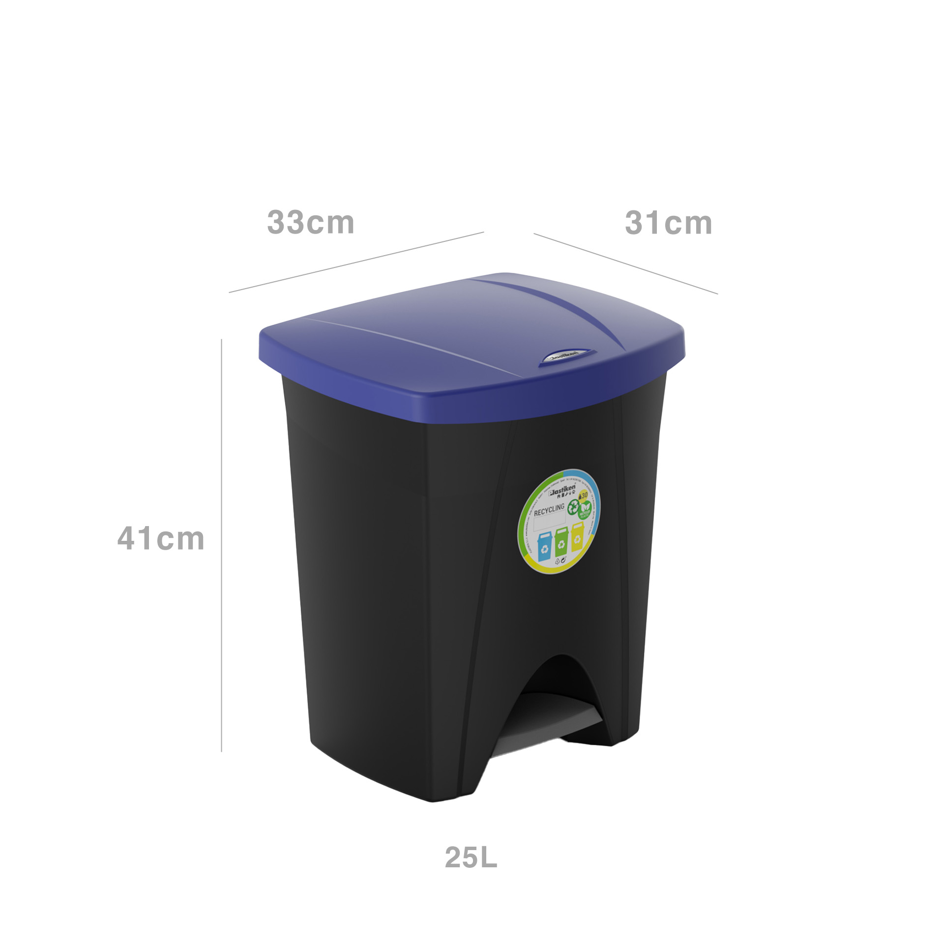 Balde Lixo com Pedal Plástico Retangular Preto / Azul 25l 31X33X41cm