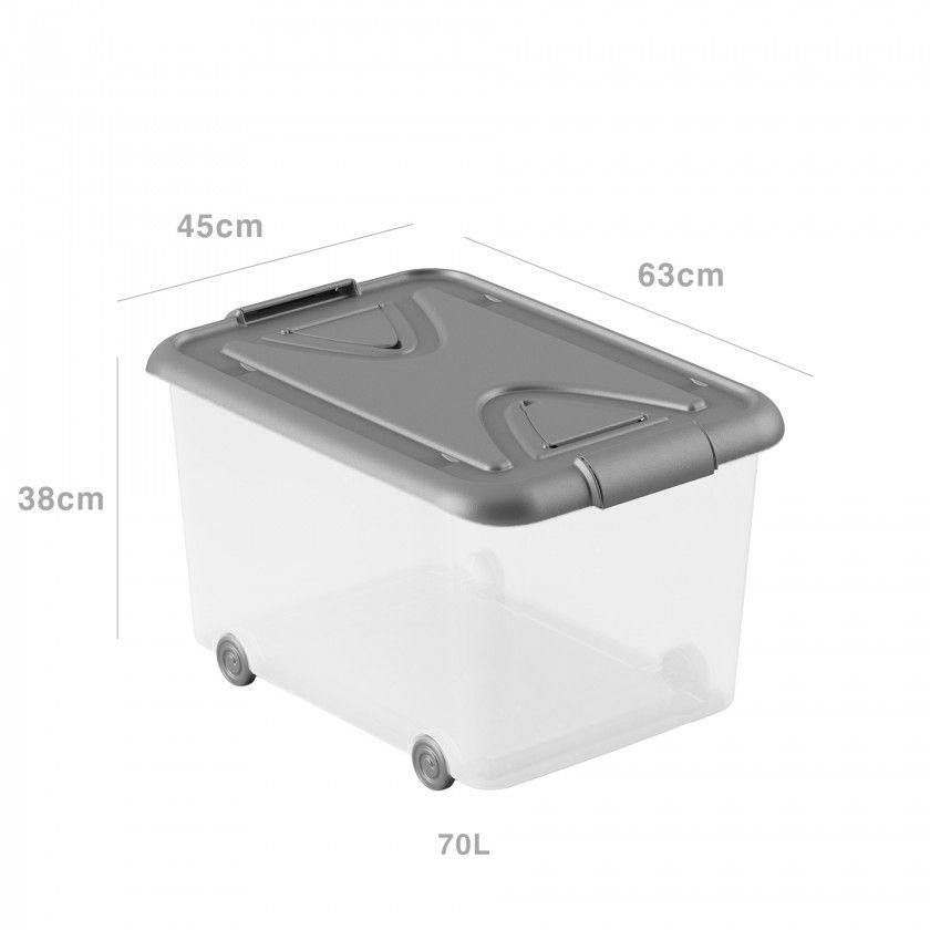 Caixa Arrumos Plástica com Rodas Tampa Cinzenta 70l 63X45X38cm Caixa Arrumos Plástica com Rodas Tampa Cinzenta 70l 63X45X38cm