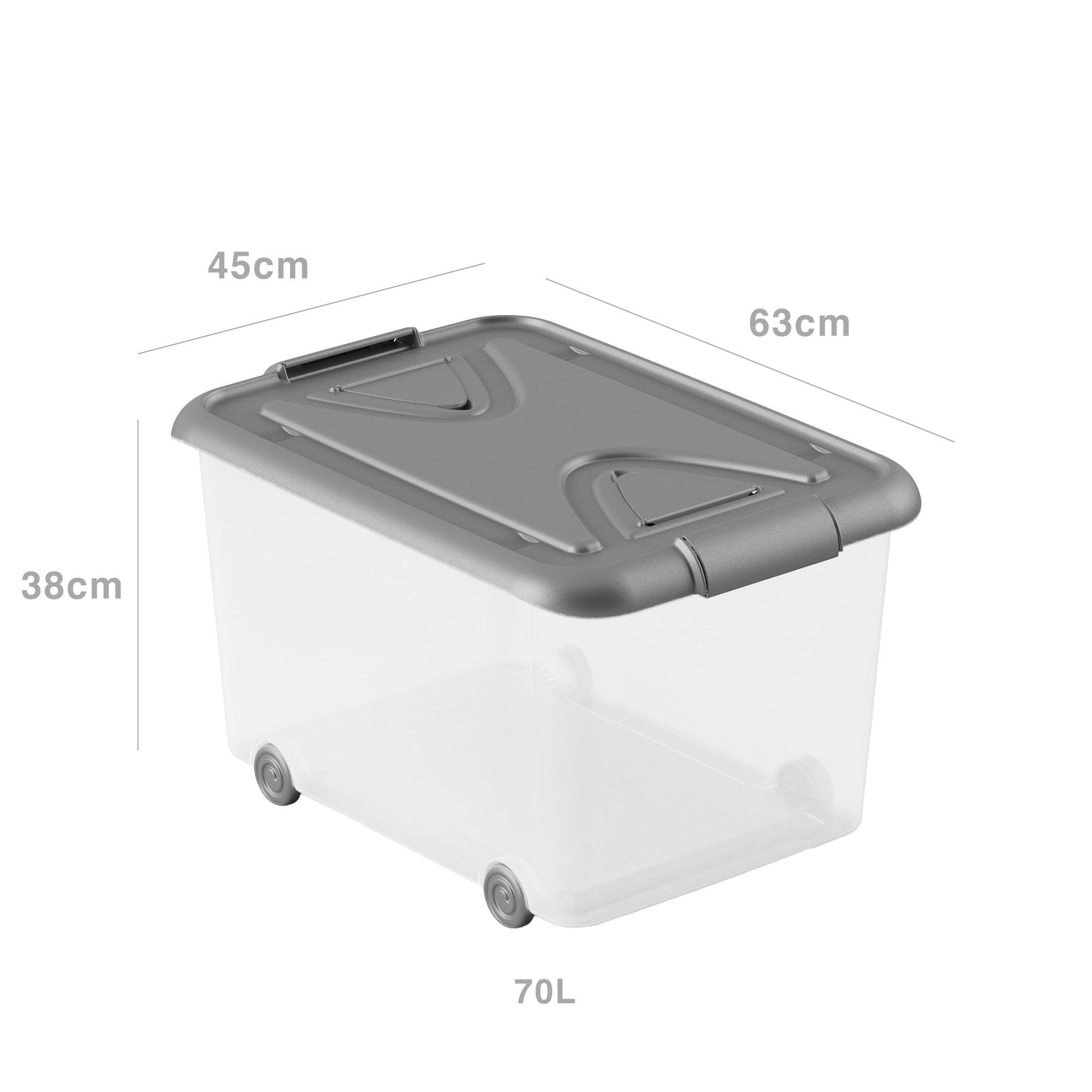 Caixa Arrumos Plástica com Rodas Tampa Cinzenta 70l 63X45X38cm