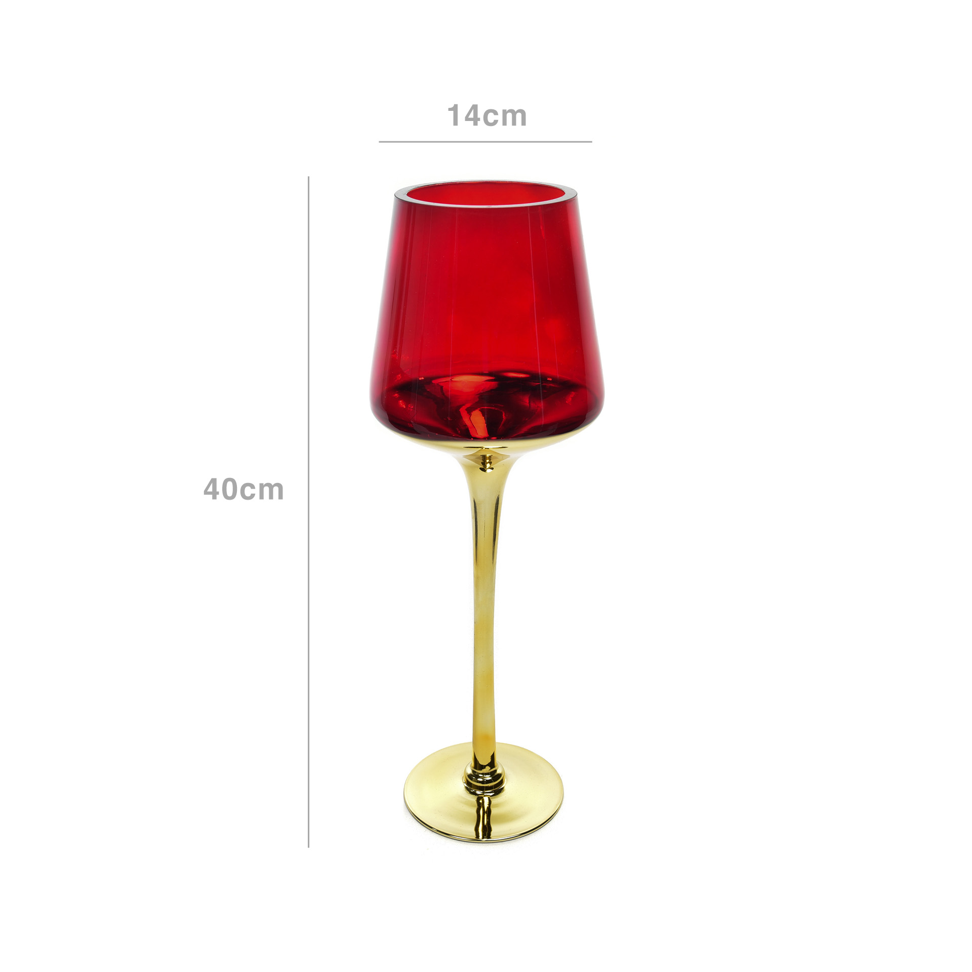 Porta Velas Cristal Dourado/Vermelho 14X40cm