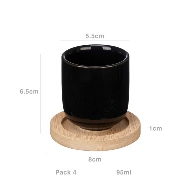 Copo Café Cerâmica com Prato Bambu Preto 95ml 5.5X6.5cm Pack 4