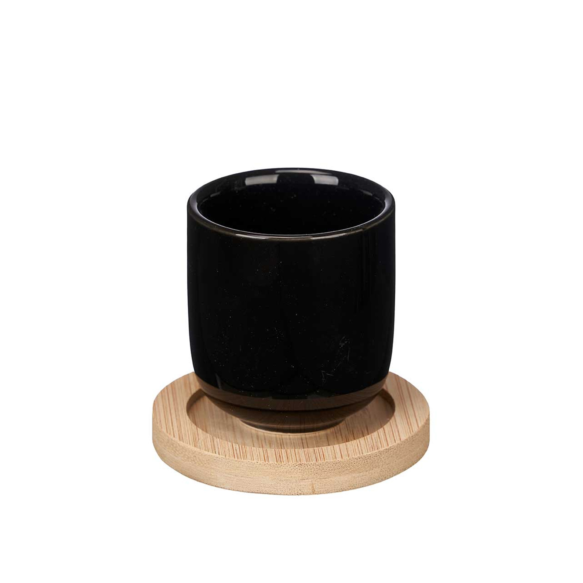 Copo Café Cerâmica com Prato Bambu Preto 95ml 5.5X6.5cm Pack 4