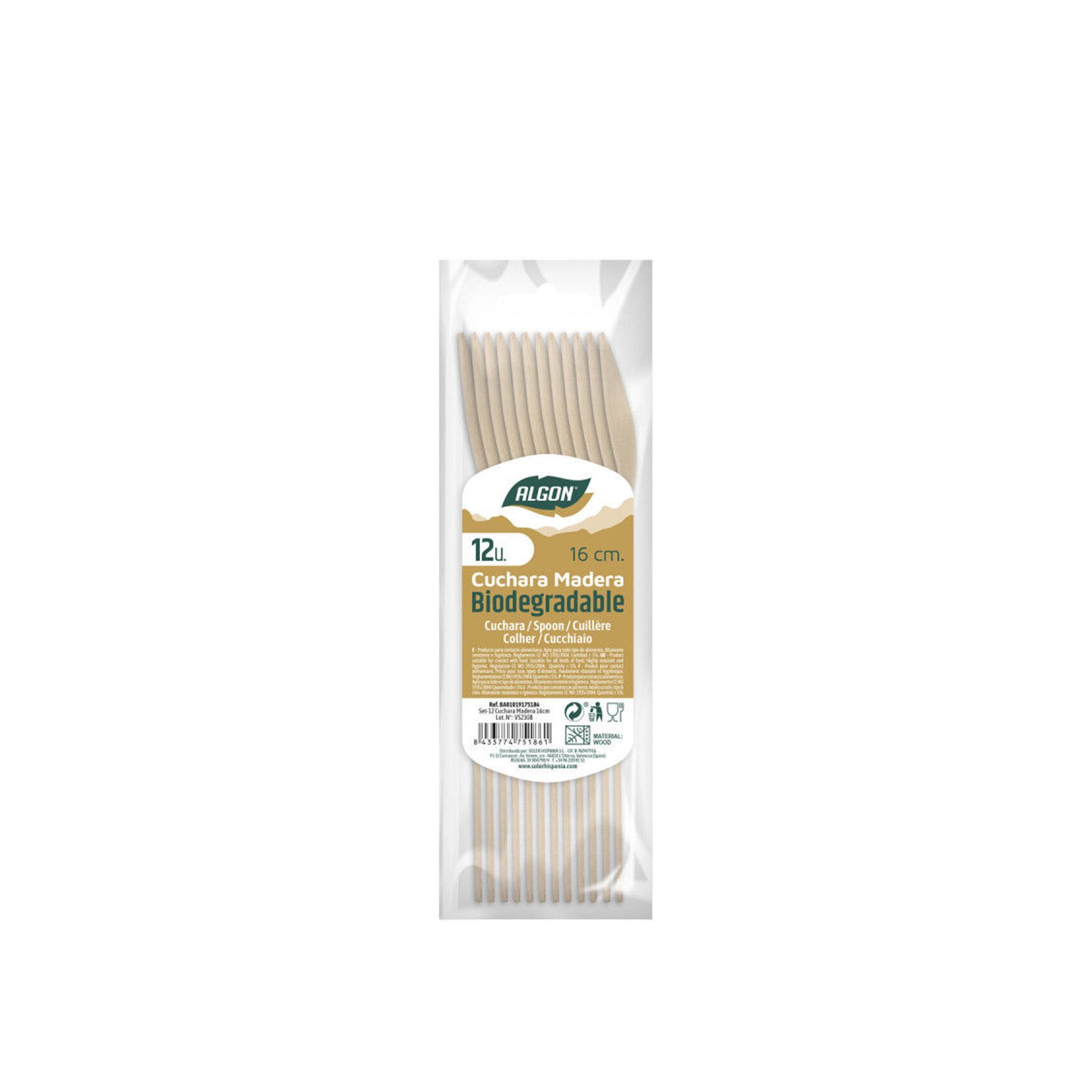 Colher Madeira Biodegradável 16cm Pack 12