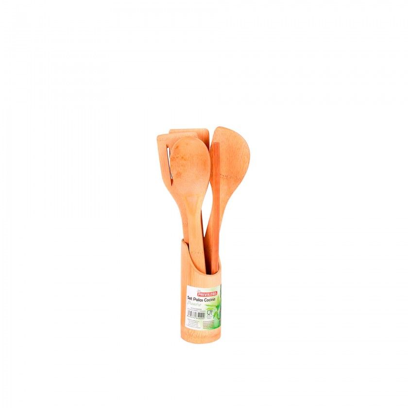 Conjunto 5 Colheres Cozinha Bambu com Suporte 30cm