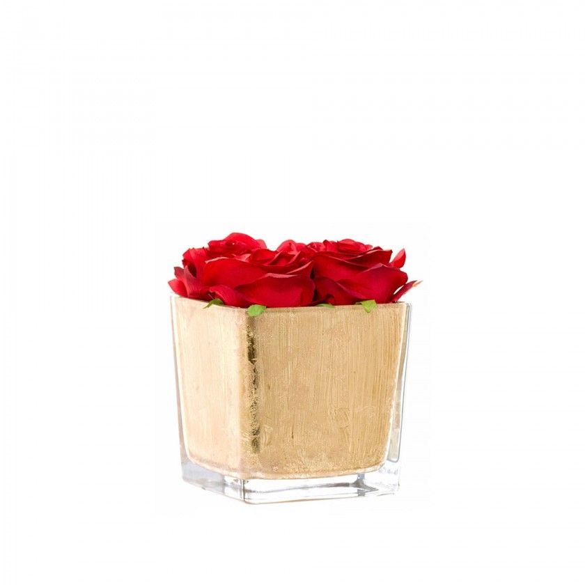 Cubo Folha Ouro Rosas Vermelhas