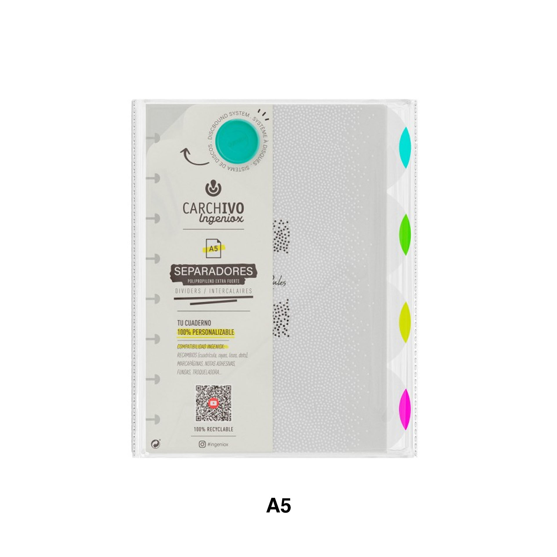 Separadores para Caderno Ingeniox Polipropileno A5 Neon 4 Divisões