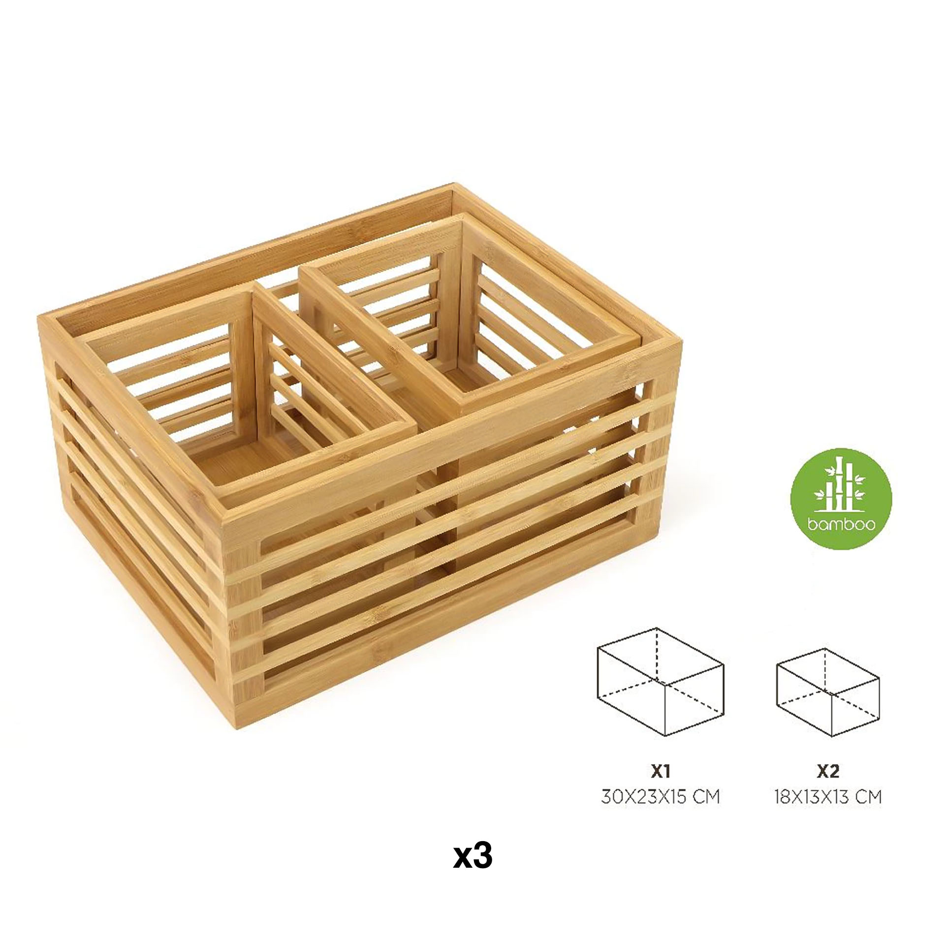 Cesto Arrumação Bambu 30/18/18cm Pack 3
