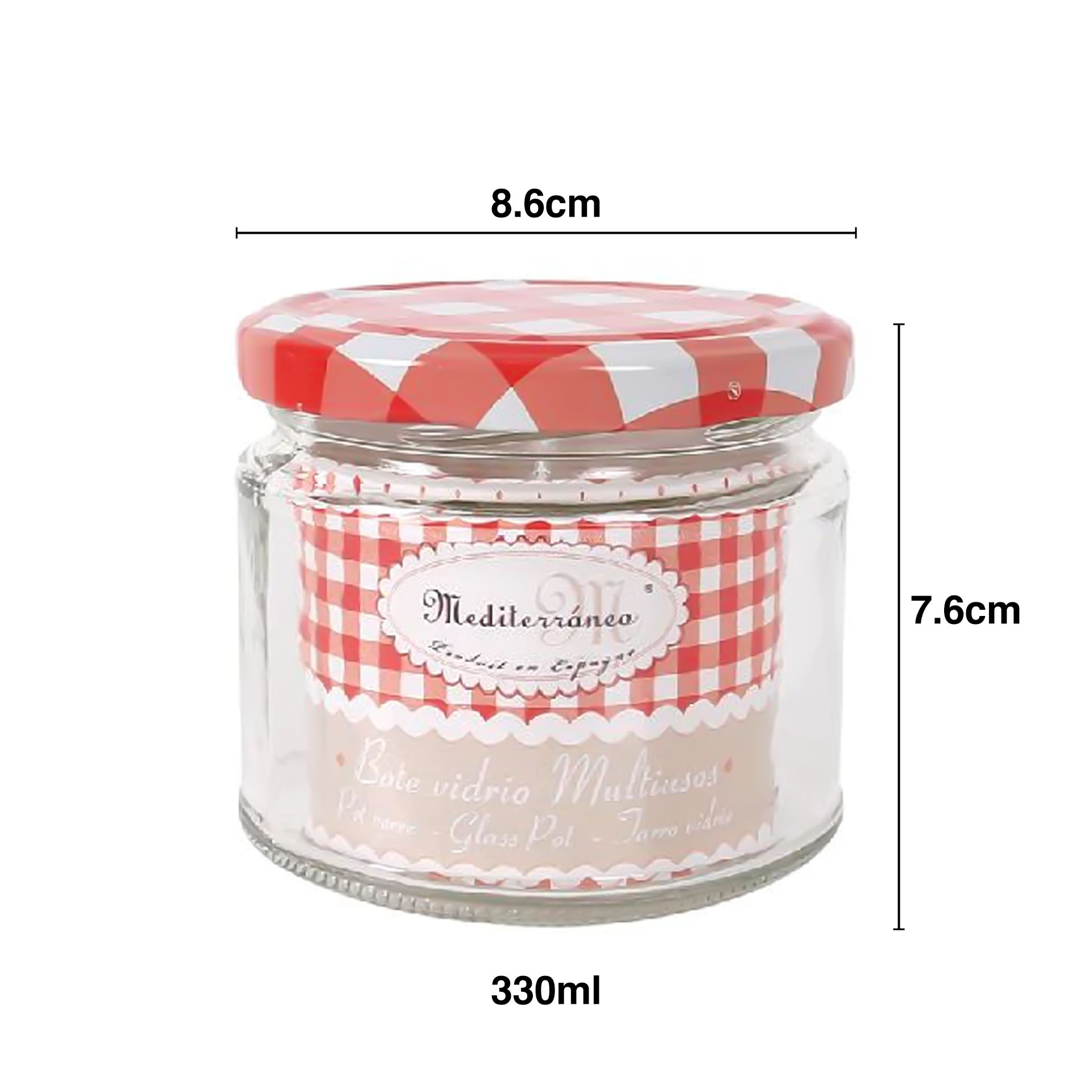 Frasco Vidro Multiusos Tampa Xadrez Redondo 330ml 8.6X7.6cm