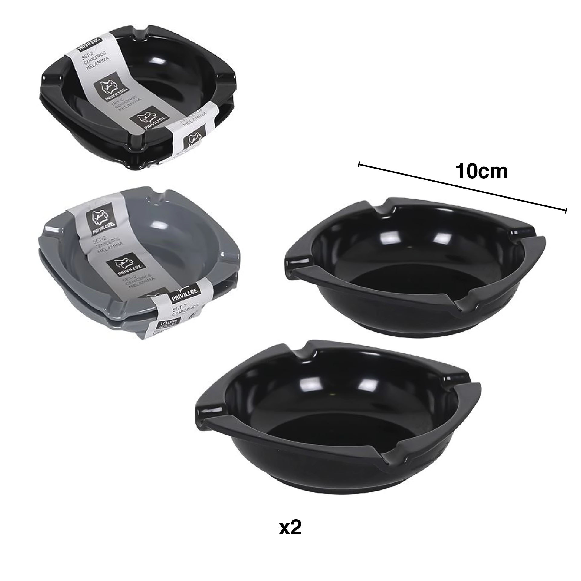 Cinzeiro Melamina Preto 10cm Pack 2