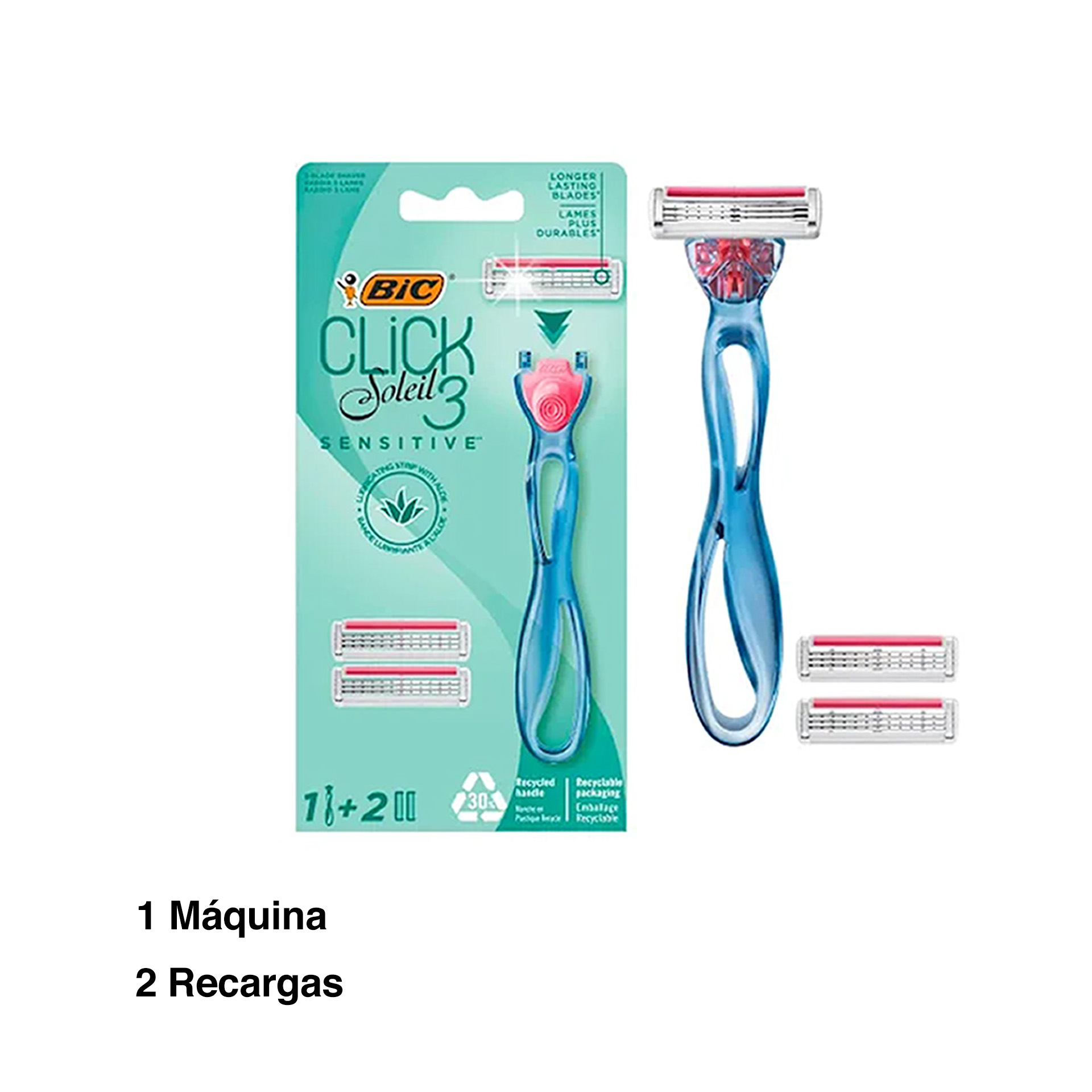 Máquina Depiladora Bic Click 3 Soleil Sensitive + 2 Recargas