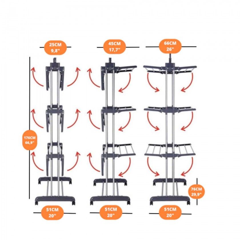 Estendal Chão 3 Andares com Rodas 76X66X176cm Estendal Chão 3 Andares com Rodas 76X66X176cm