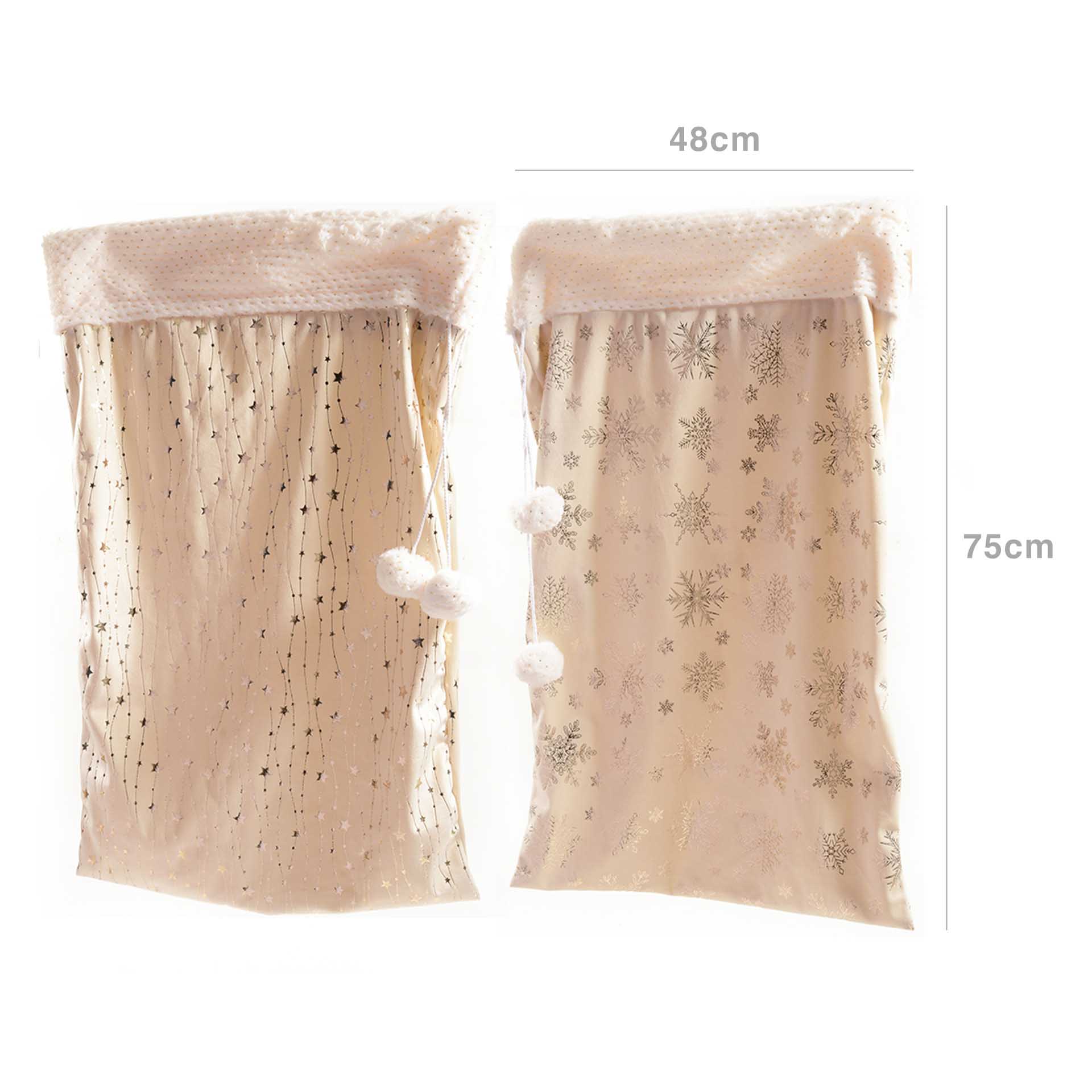 Saco Natal Tecido Ponpon Bege 48X75cm Pack 2