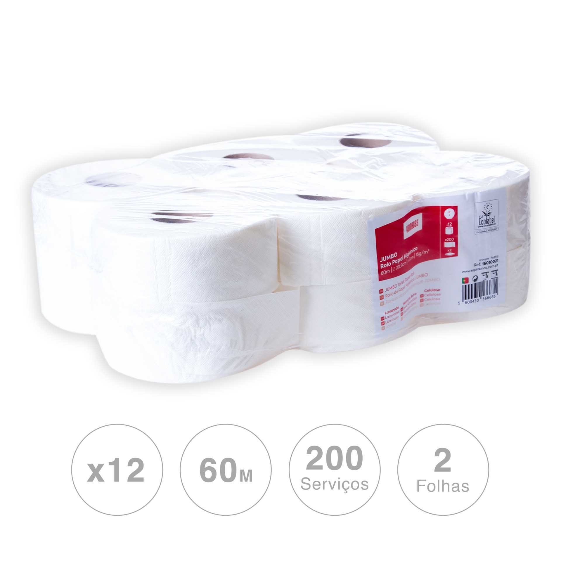 Rolo Papel Higiénico Jumbo 60m 200 Serviços Pack 12