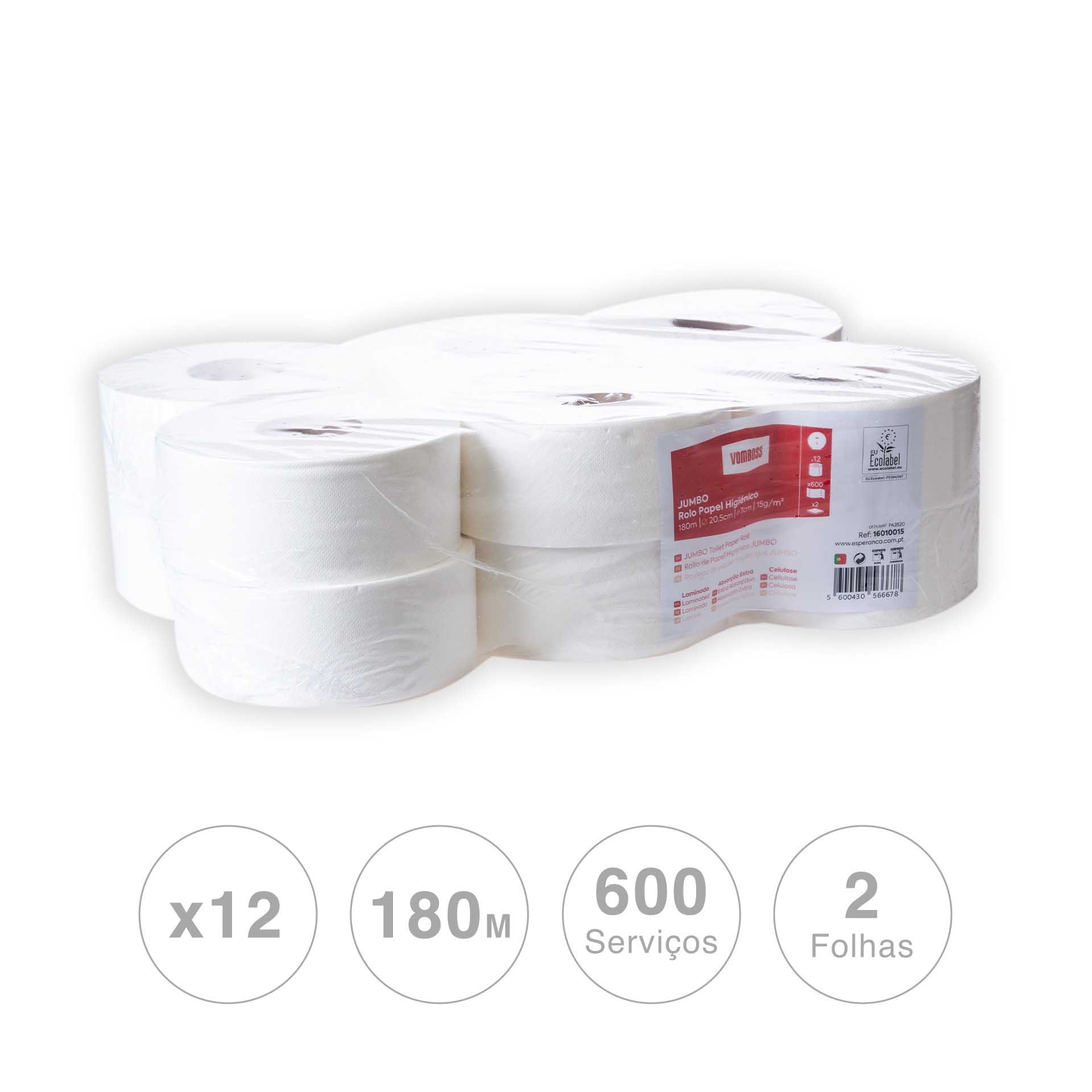 Rolo Papel Higiénico Jumbo 600 Serviços 180m Pack 12