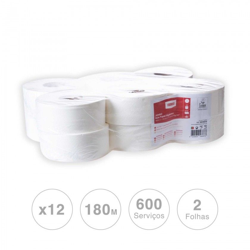 Rolo Papel Higiénico Jumbo 600 Serviços 180m Pack 12 Rolo Papel Higiénico Jumbo 600 Serviços 180m Pack 12
