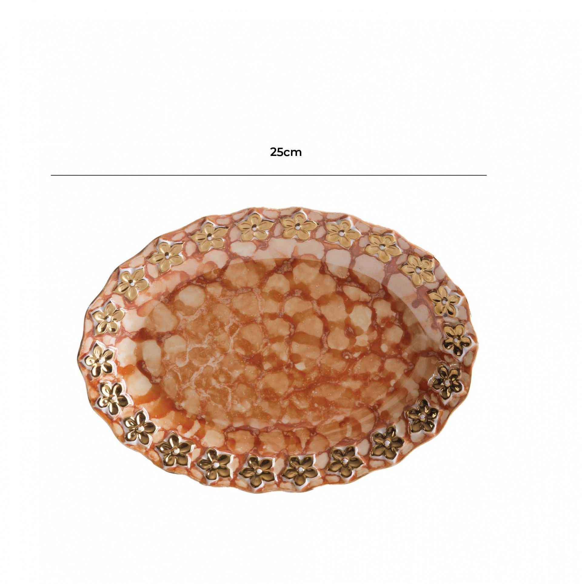 Prato Flores Douradas Oval Castanho 25CM