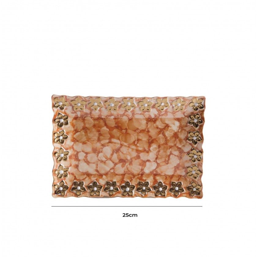 Prato Flores Douradas Retangular Castanho 25CM