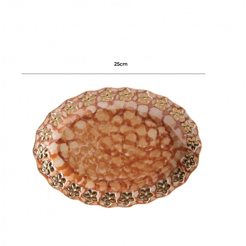 Prato Flores Douradas Oval Castanho 25CM