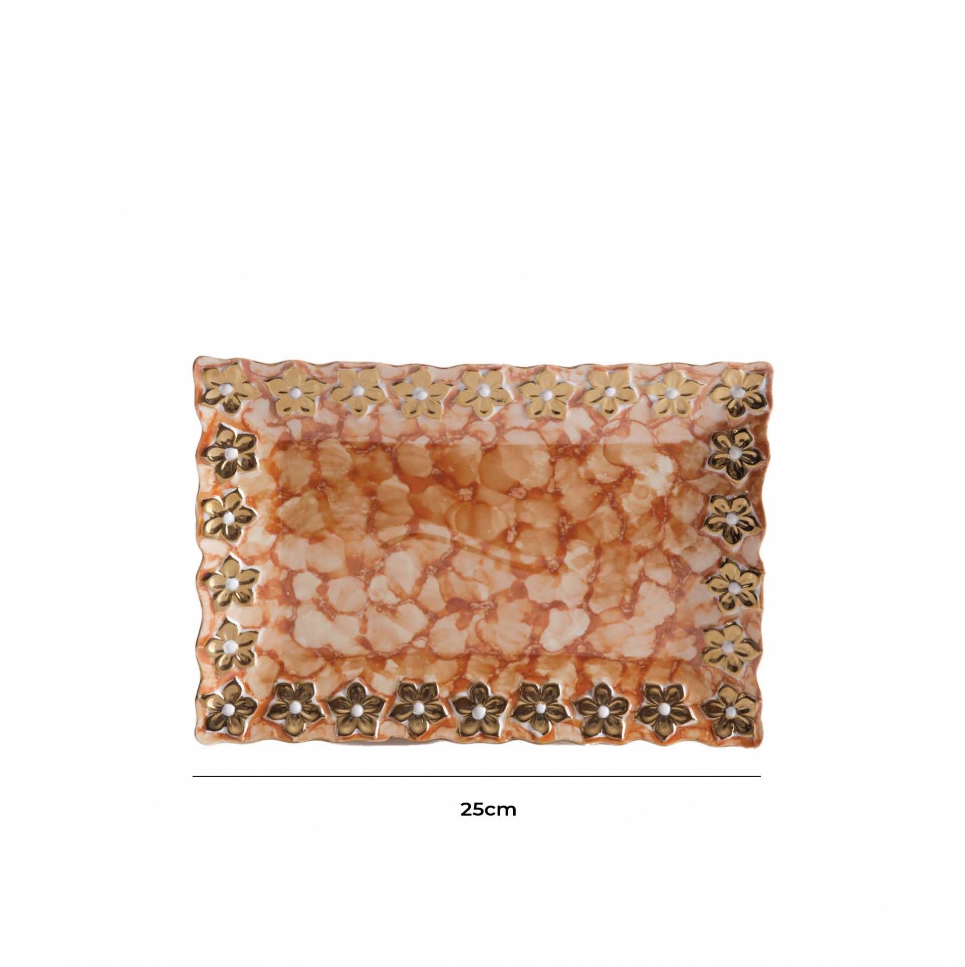 Prato Flores Douradas Retangular Castanho 25CM