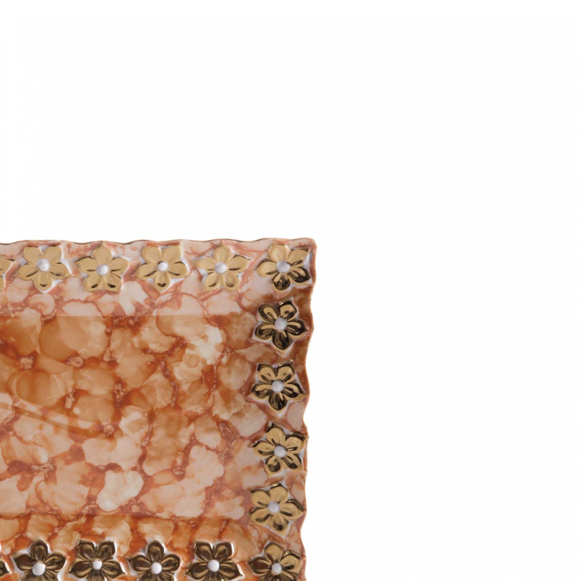 Prato Flores Douradas Retangular Castanho 25CM