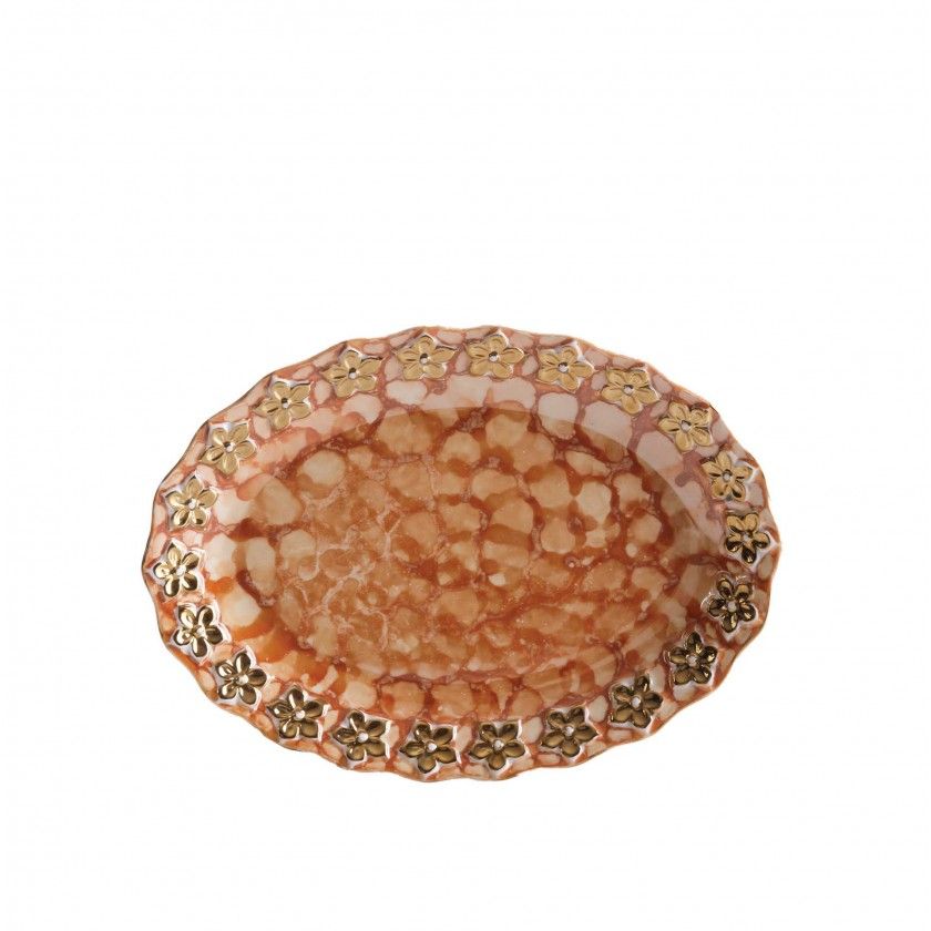 Prato Flores Douradas Oval Castanho 25CM