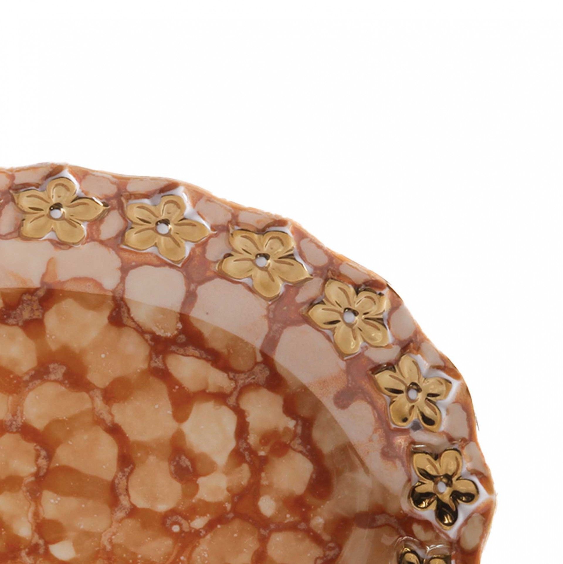 Prato Flores Douradas Oval Castanho 25CM