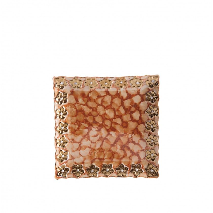 Prato Flores Douradas Quadrado Castanho 20X20CM