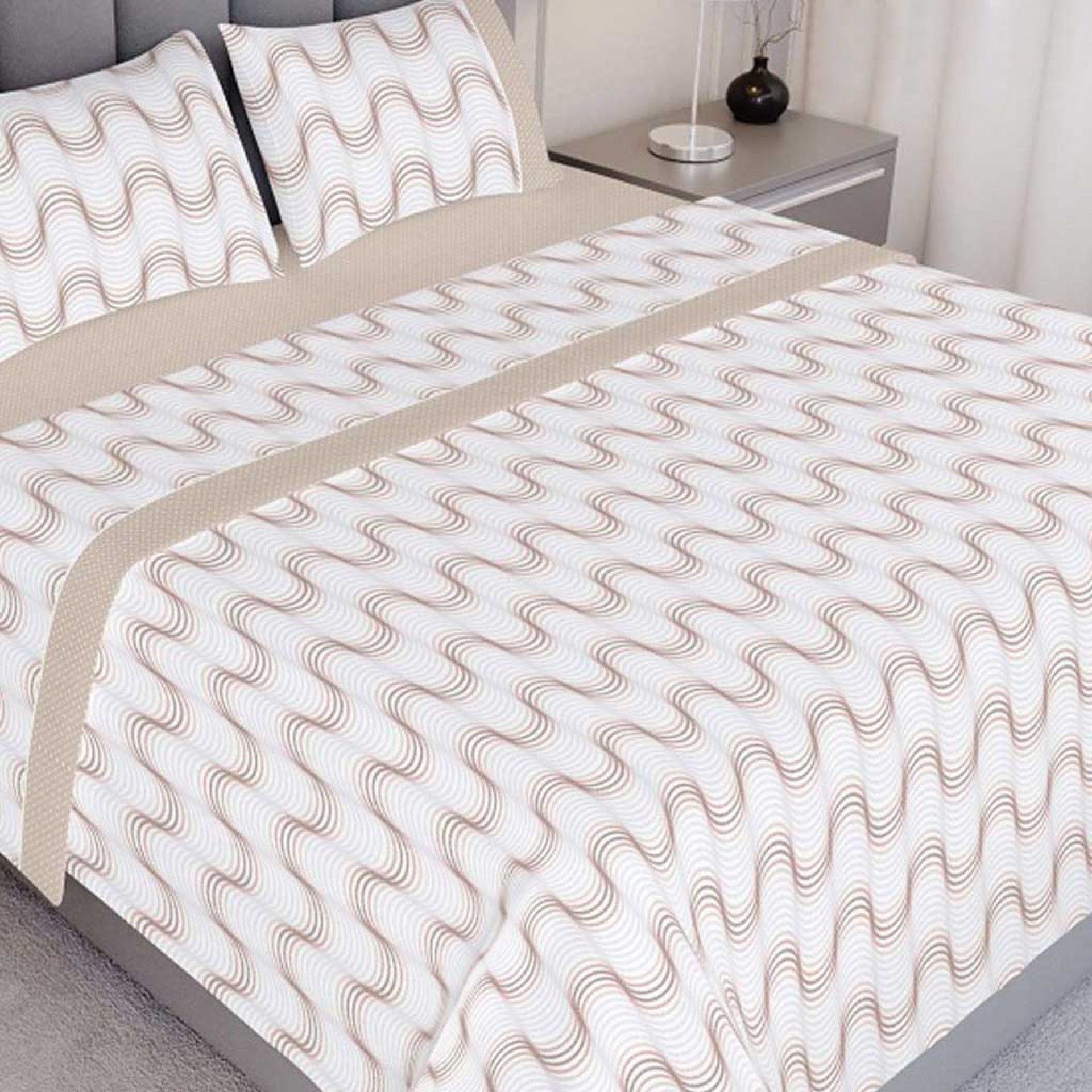 Jogo Cama Algodão Solteiro Bege Ondas 180X290cm