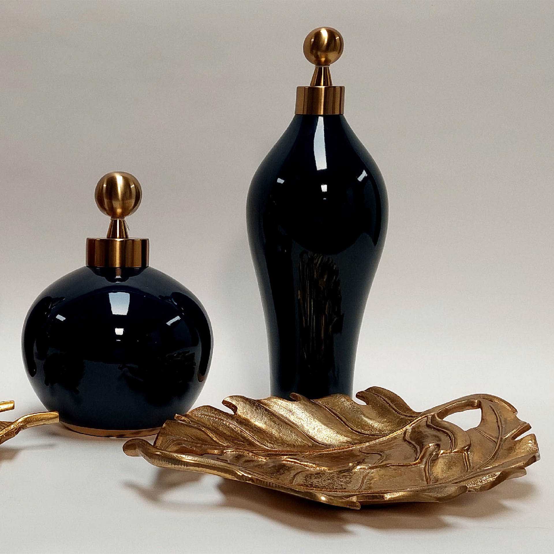 Frasco Decorativo Azul E Dourado 17X17X50CM