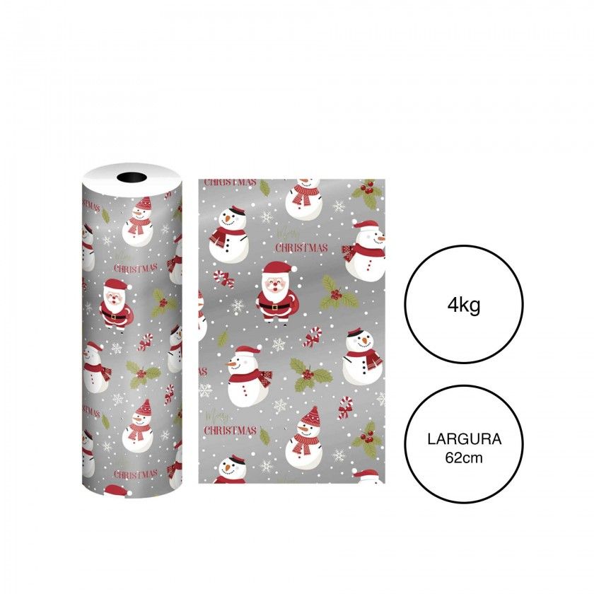 Bobine Papel Embrulho Celuloso Natal 4kg 62cm Bonecos