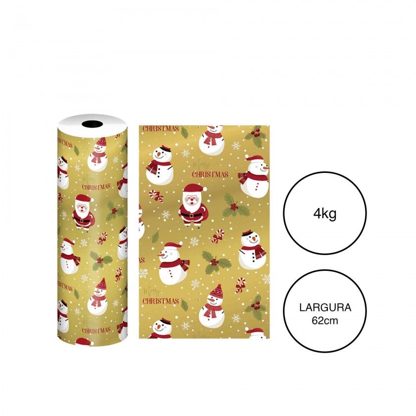 Bobine Papel Embrulho Celuloso Natal 4kg 62cm Bonecos