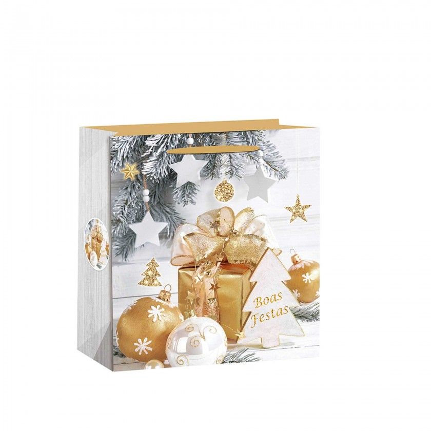Saco Papel Natal Dourado Bolas 55X18X50cm Saco Papel Natal Dourado Bolas 55X18X50cm