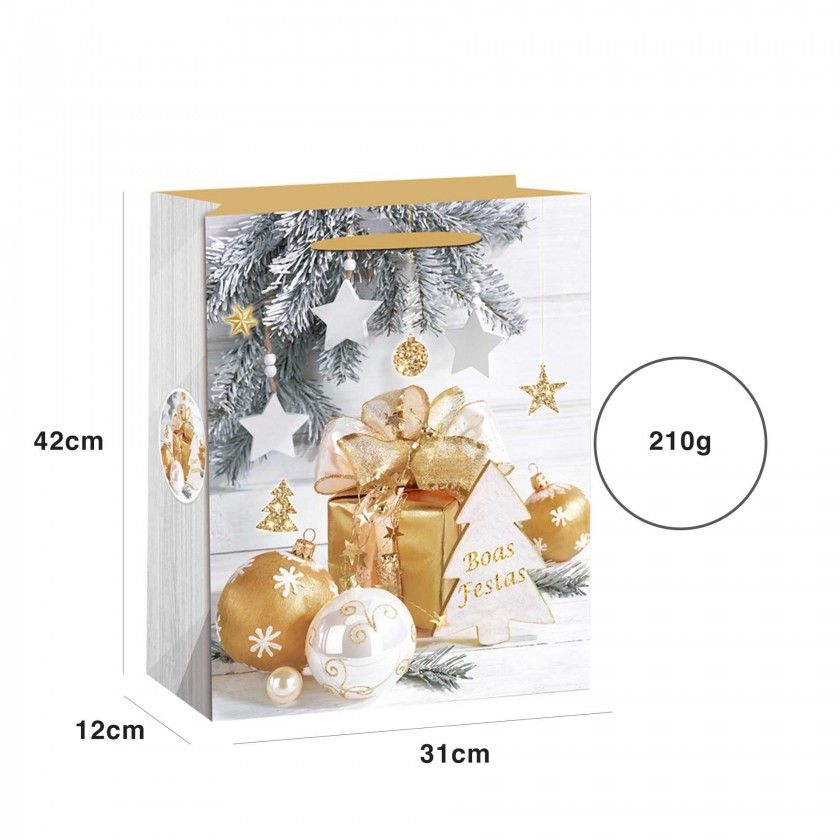 Saco Papel Natal Dourado Bolas 31X12X42cm Saco Papel Natal Dourado Bolas 31X12X42cm