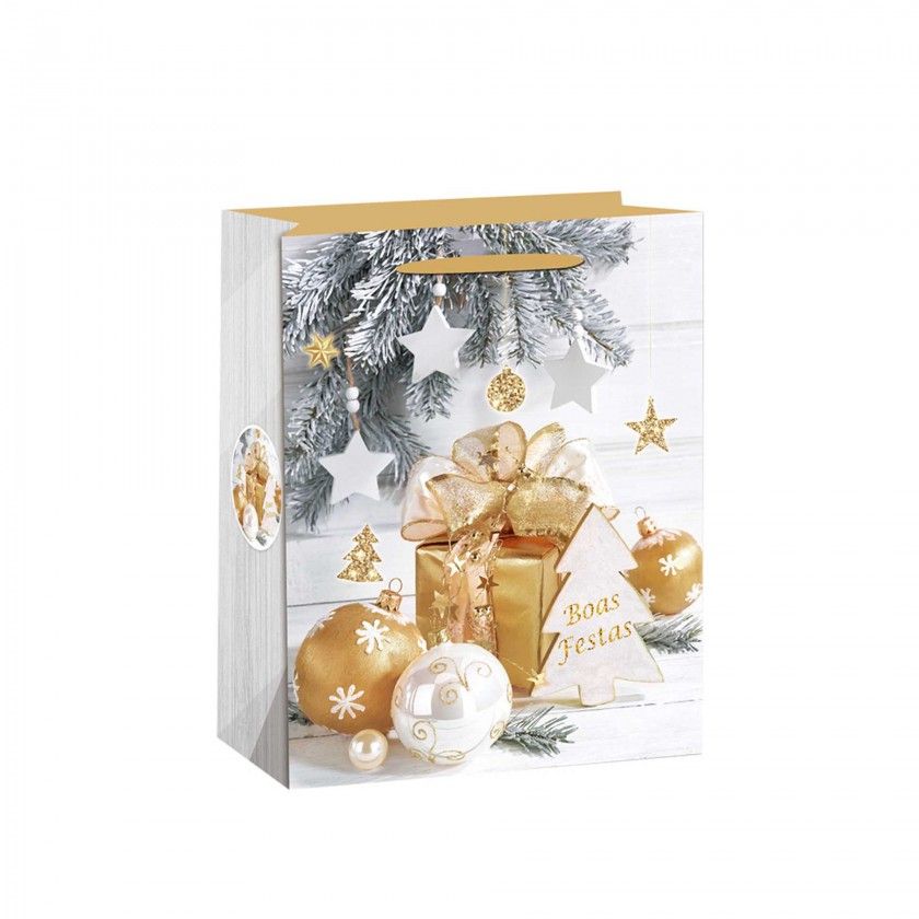 Saco Papel Natal Dourado Bolas 31X12X42cm Saco Papel Natal Dourado Bolas 31X12X42cm