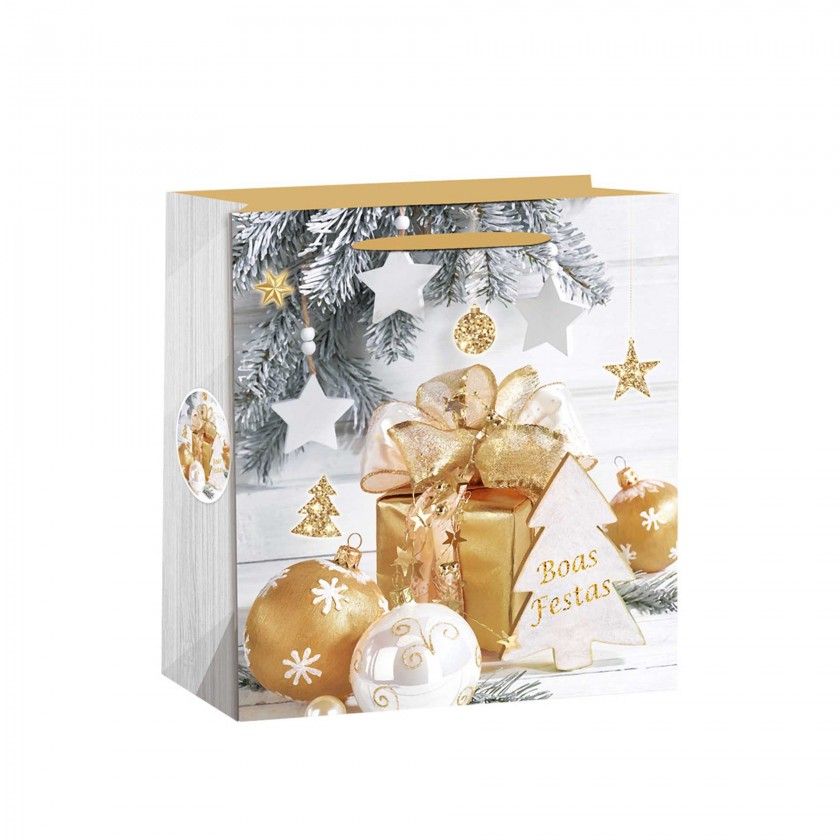 Saco Papel Natal Dourado Bolas 55X18X50cm Saco Papel Natal Dourado Bolas 55X18X50cm