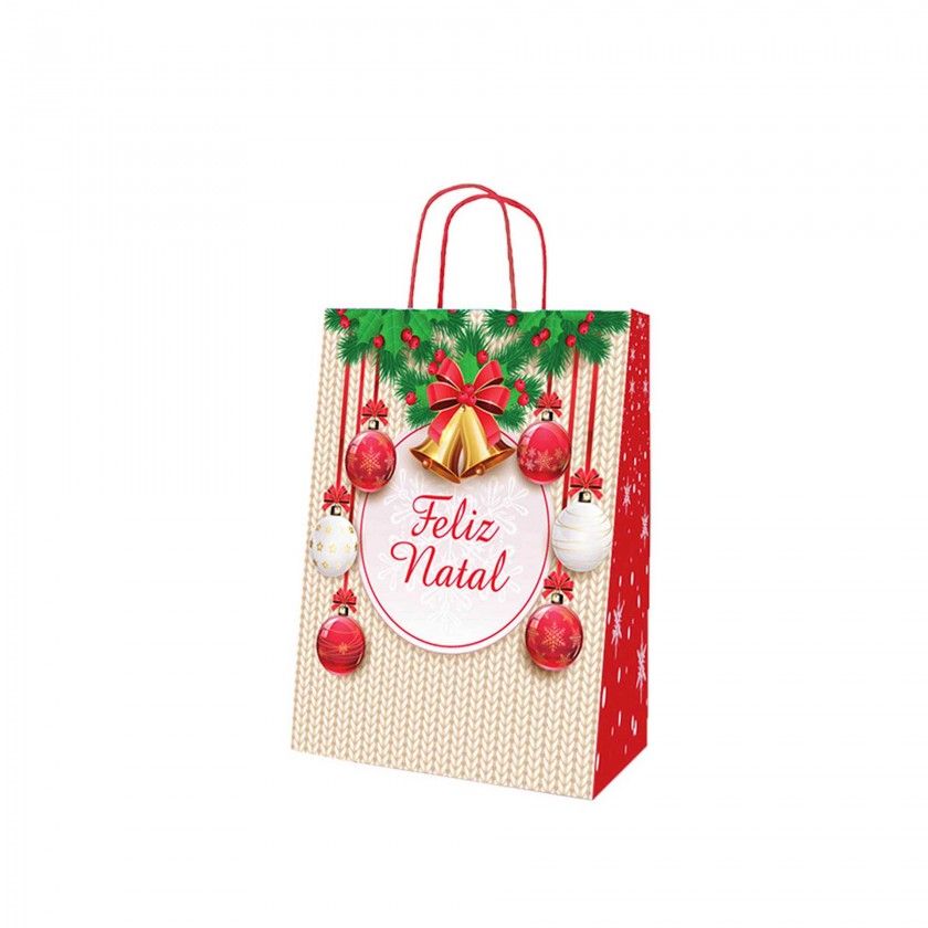 Saco Papel Asa Retorcida Natal Feliz Natal 18X8X24cm Saco Papel Asa Retorcida Natal Feliz Natal 18X8X24cm