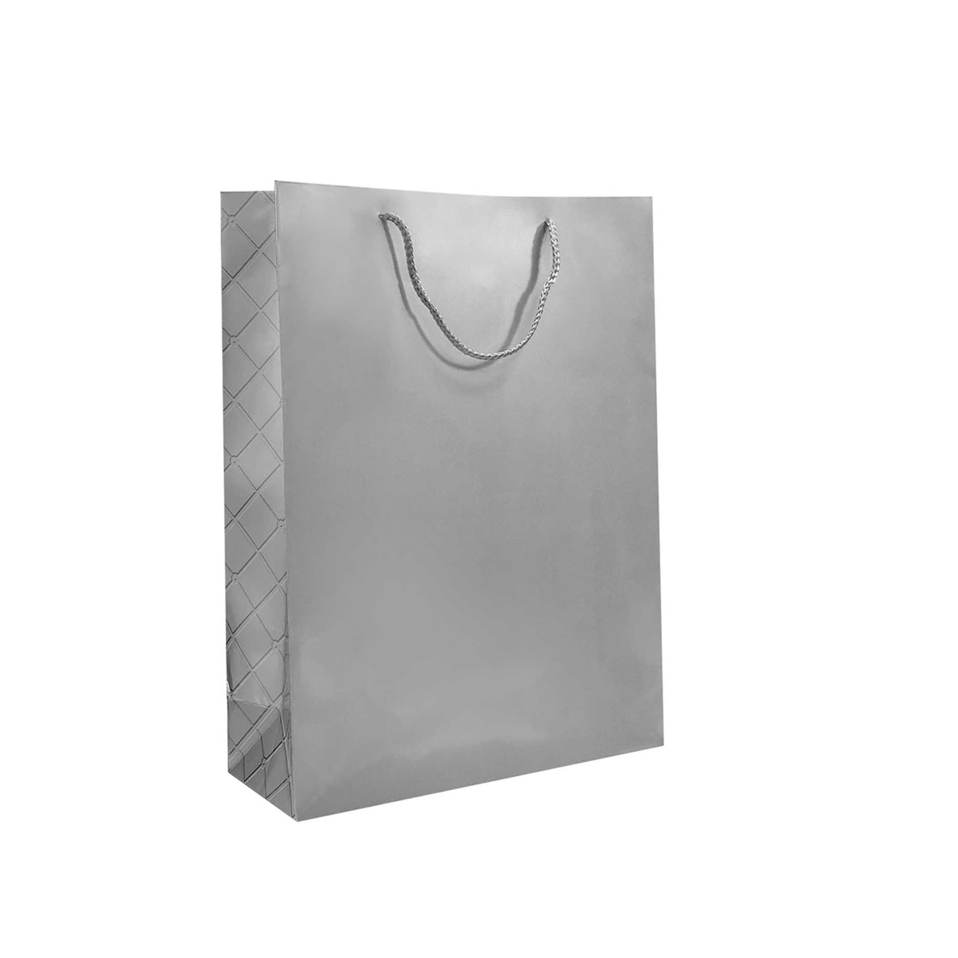 Saco Papel Asa Cordão Xadrez Prateado 31X12X42cm