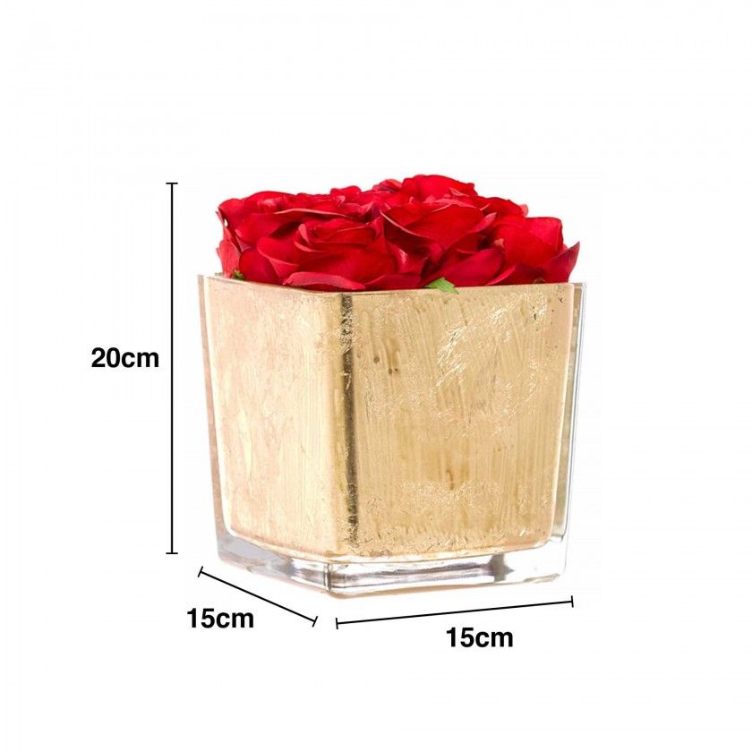 Cubo Folha Ouro Rosas Vermelhas