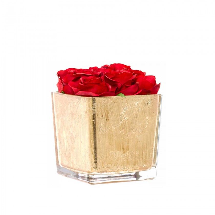 Cubo Folha Ouro Rosas Vermelhas