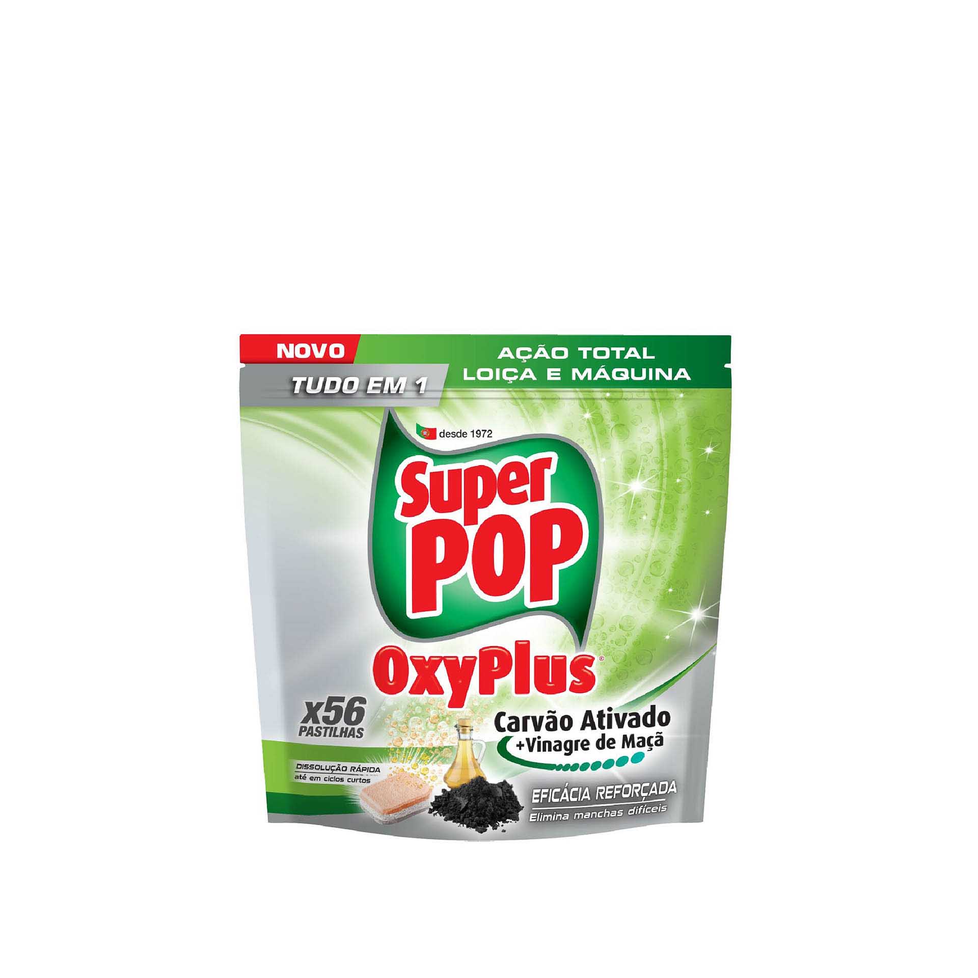 Pastilha Máquina Loiça Super Pop Oxyplus Carvão / Vinagre Maça 56 Unidades
